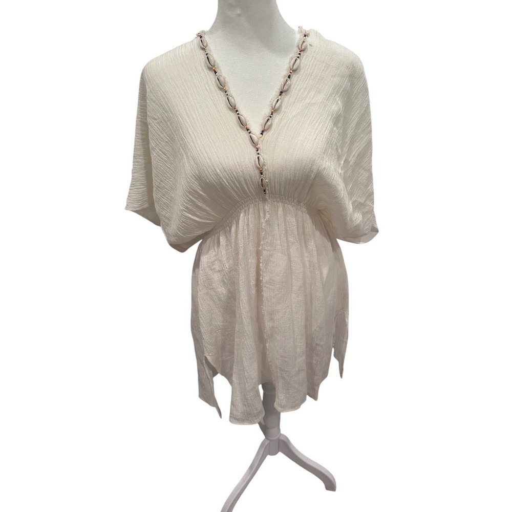 By Marie‎ Shell Detail White Beach Cover Up Tunic Top V-Neck Bridal Honeymoon